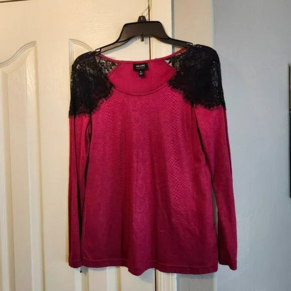 Red Women's Blouse with Black Lace Detail on Sleeve